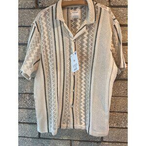 Denim & Flower Ricky Singh Mens XL White Crochet Knit Button-Up Shirt With Black